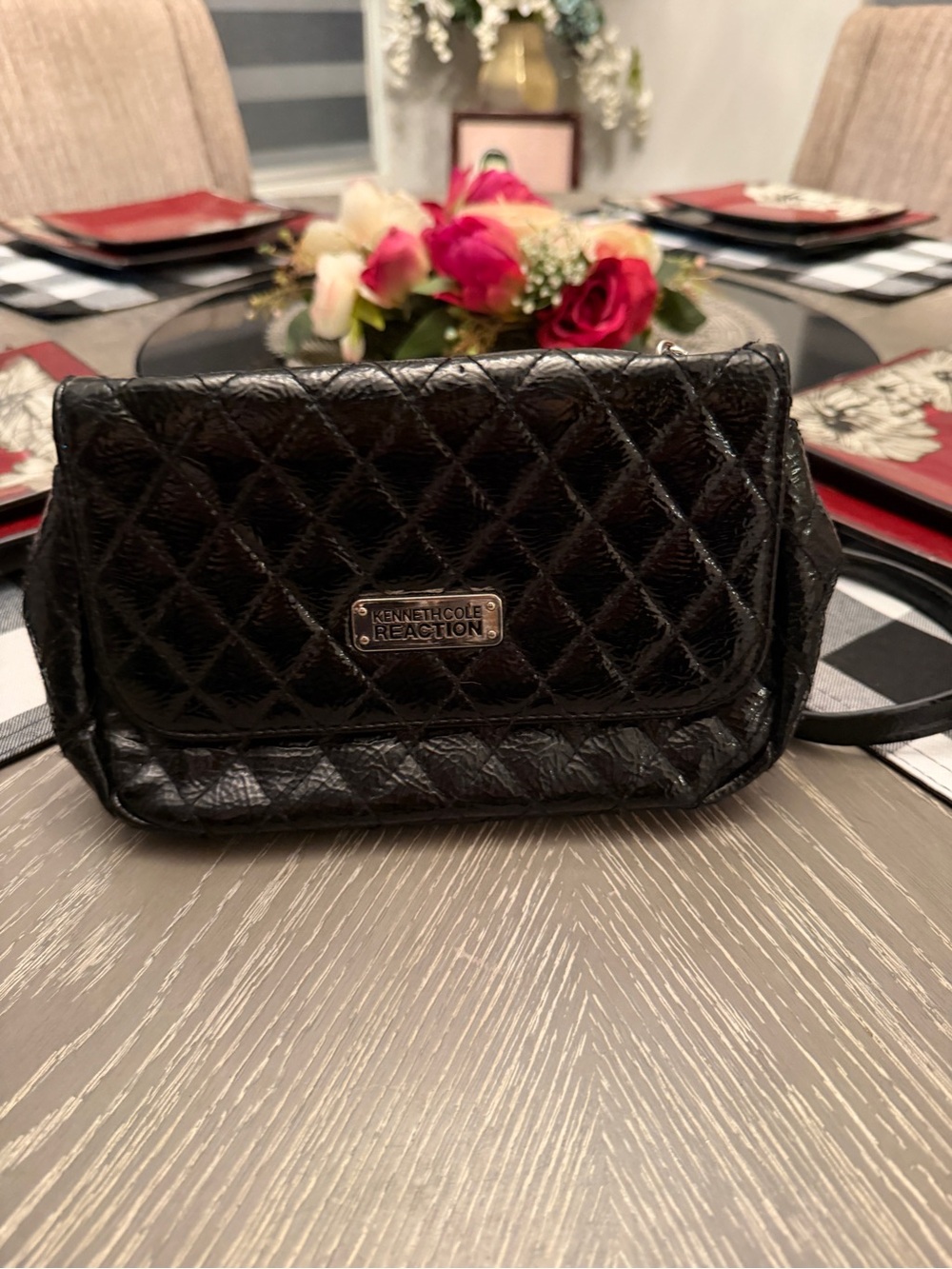 Kenneth Cole Reaction Black Quilted Patent Crossbody Bag